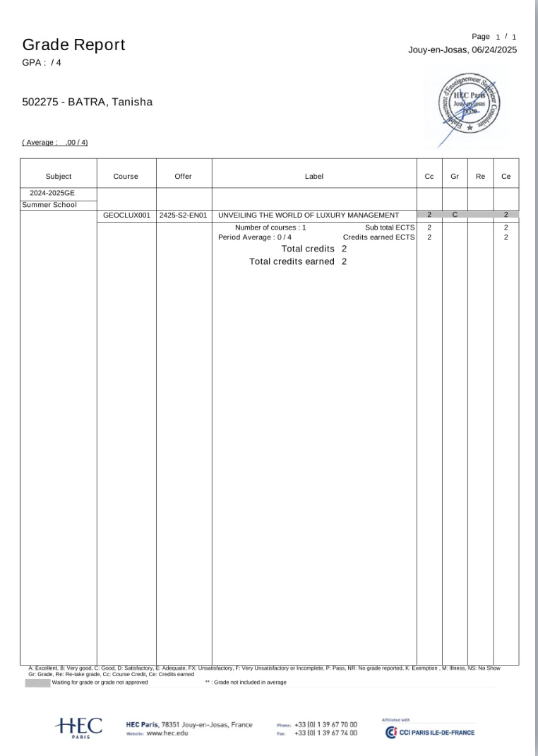 HEC Paris grade report
