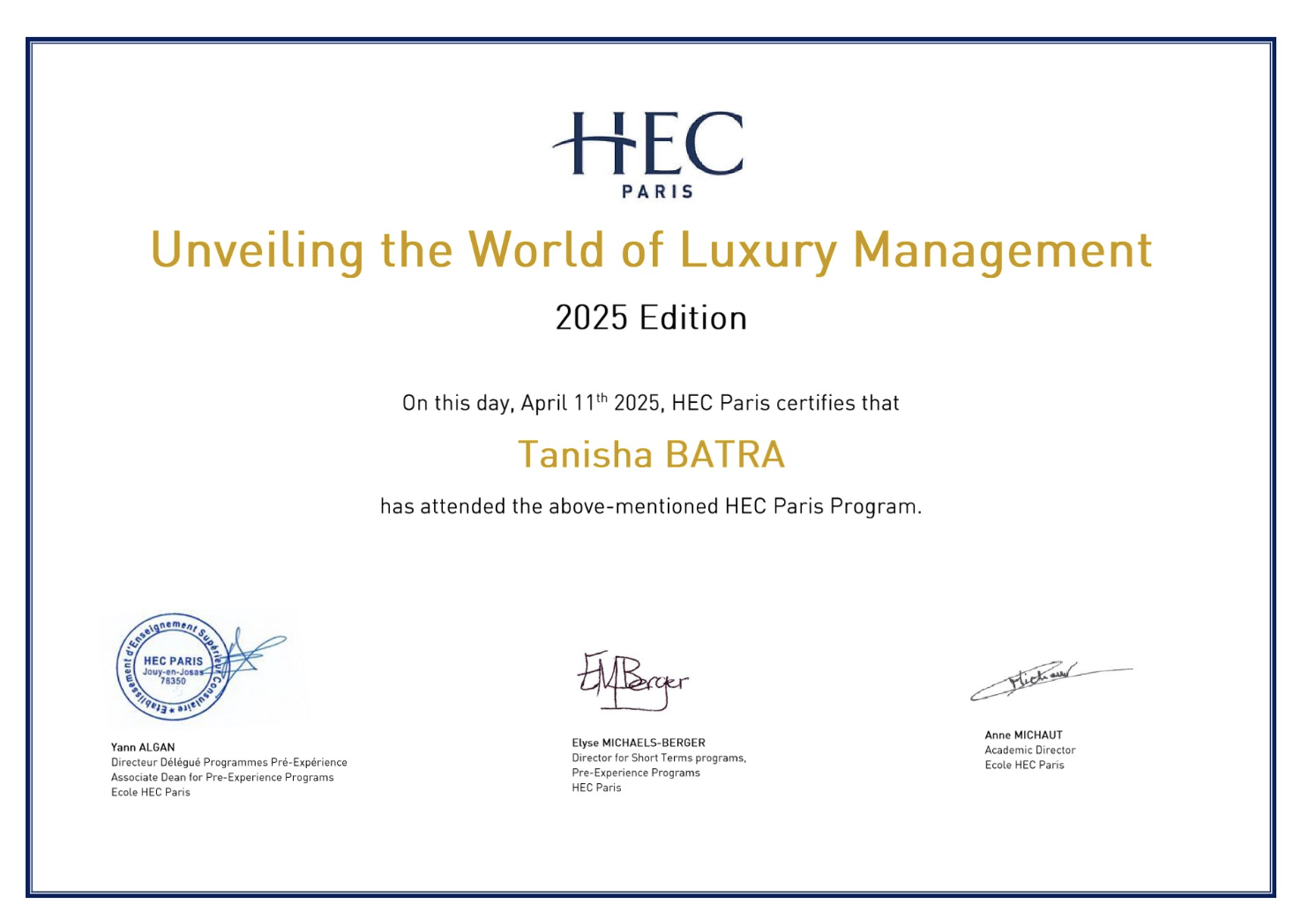 HEC Paris certificate